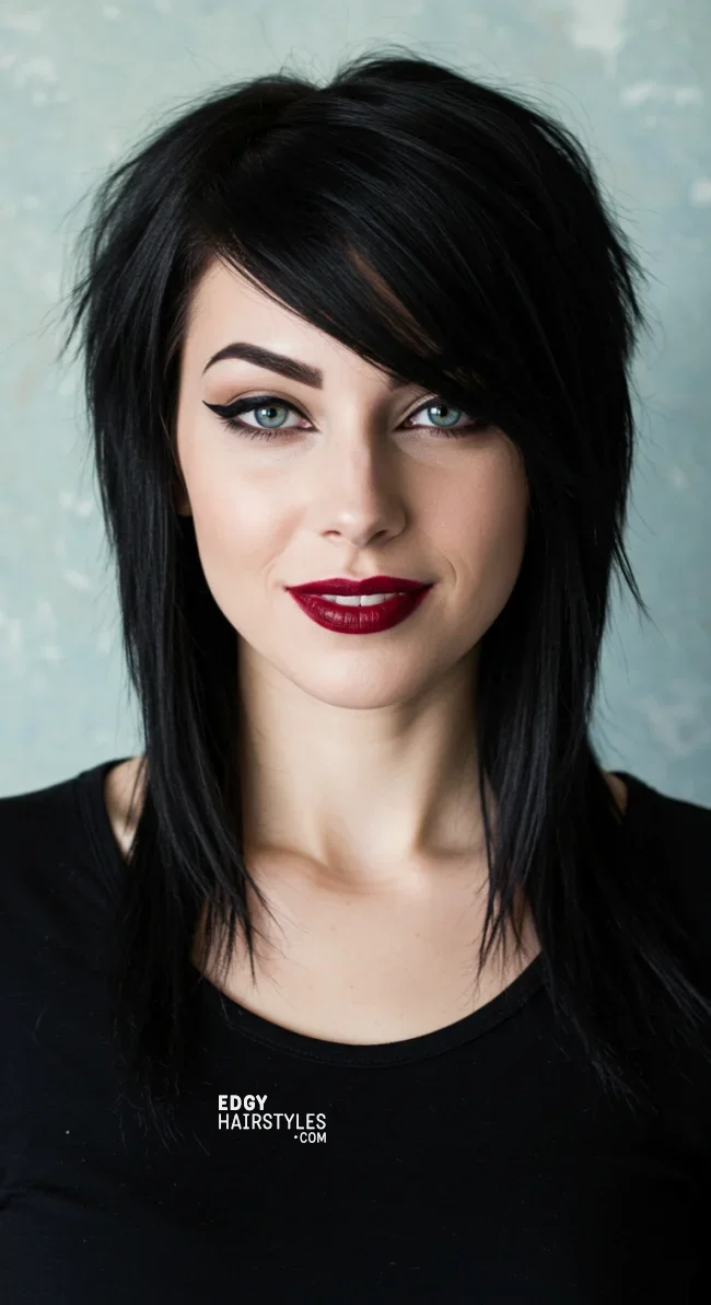 7. Sleek and Shiny Wolf Cut | 10 Daring Medium-Length Wolf Cut Ideas For An Edgy Look