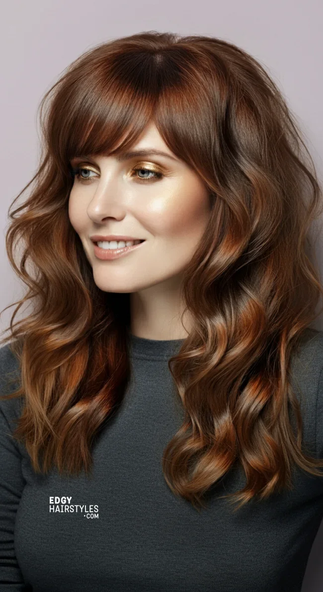 4. Side-Swept Bangs with Wavy Hair | Astonishing Photos That Inspire You For Getting Bangs Over 40