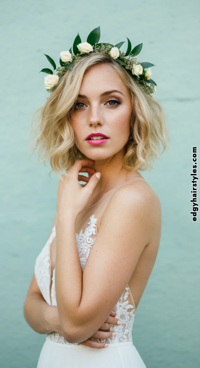 2. Textured Bob with a Floral Crown | Bridal Hairstyle For Short Hair: Top 10 Picks For Your Big Day!