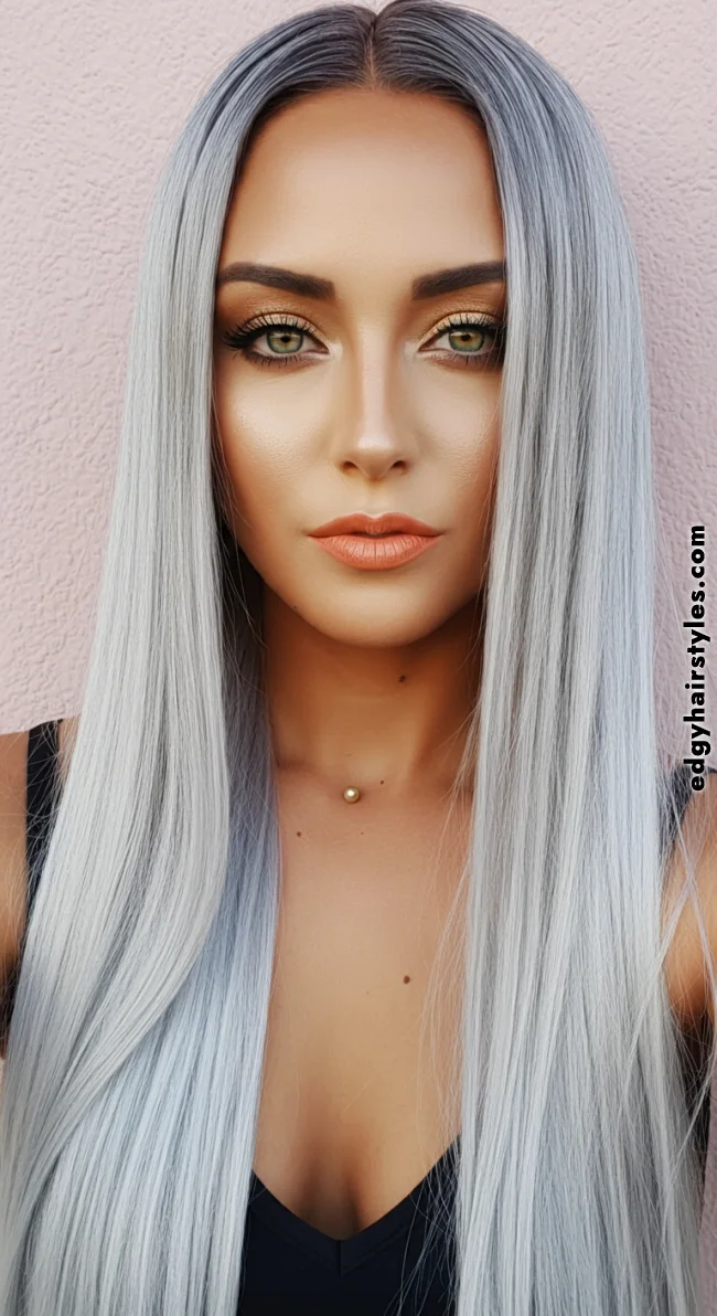 8. Metallic Silver Straight Hair | Grey Blending: A Chic And Ageless Way To Wear Your Hair