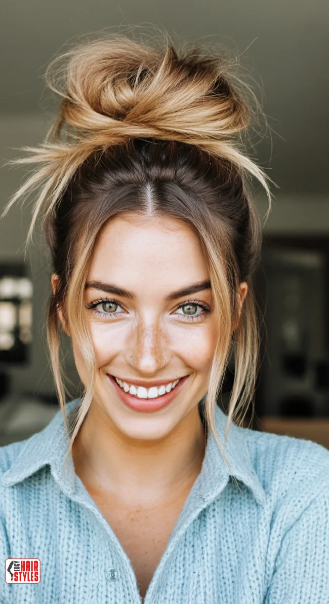 7. Messy High Bun | Cappuccino Bronde Is The New Hair Color Trend