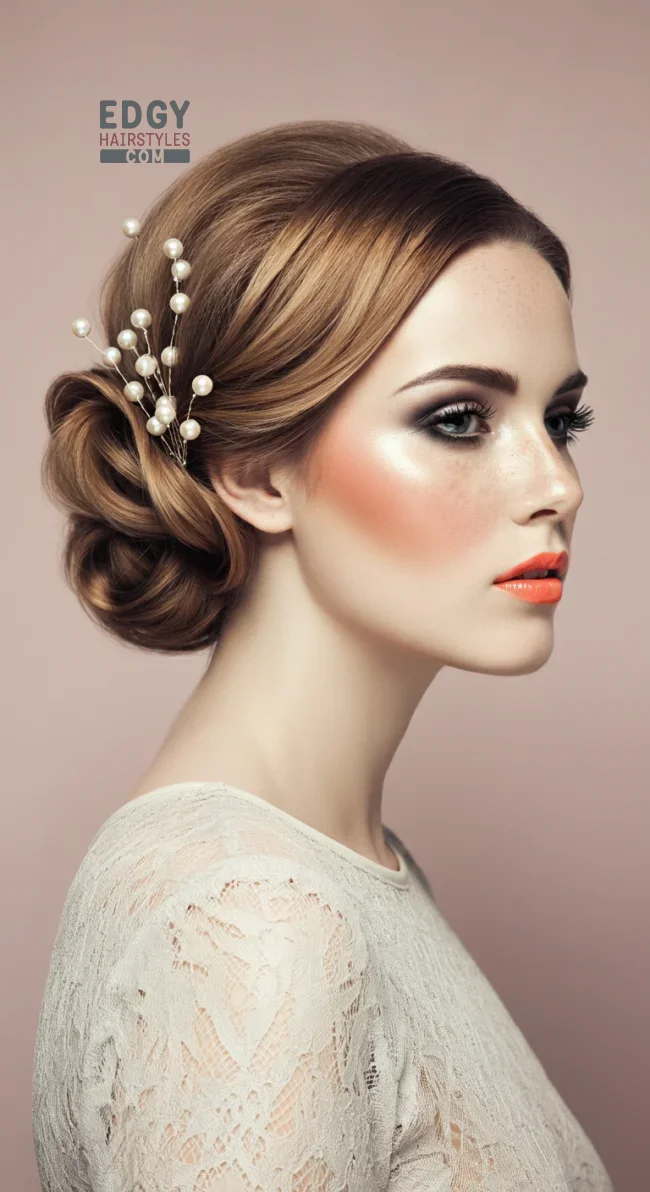 5. Low Bun with Side-Swept Bangs and Pearl Sprigs | Elegant Wedding Updo Hairstyles Featuring Pearl Hairpins