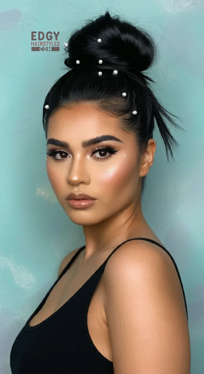 7. High Bun with Pearl-Studded Hairline | Elegant Wedding Updo Hairstyles Featuring Pearl Hairpins