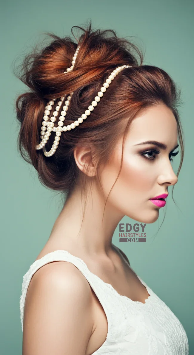 6. Messy Bun with Cascading Pearls | Elegant Wedding Updo Hairstyles Featuring Pearl Hairpins