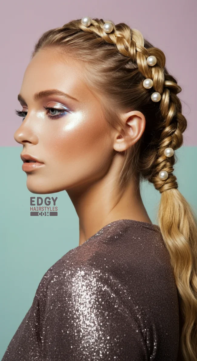 9. Braided Low Ponytail with Pearl Inserts | Elegant Wedding Updo Hairstyles Featuring Pearl Hairpins