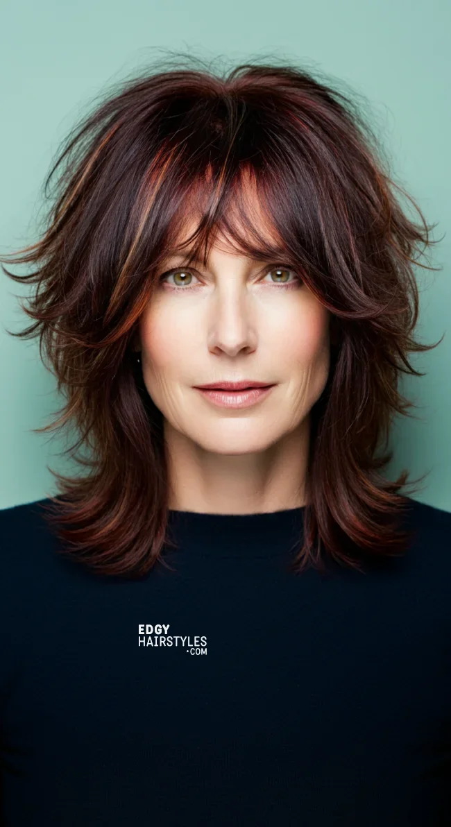7. Classic Shag with Choppy Bangs | 10 Stylish Hairstyles For Women Over 50 With Bangs