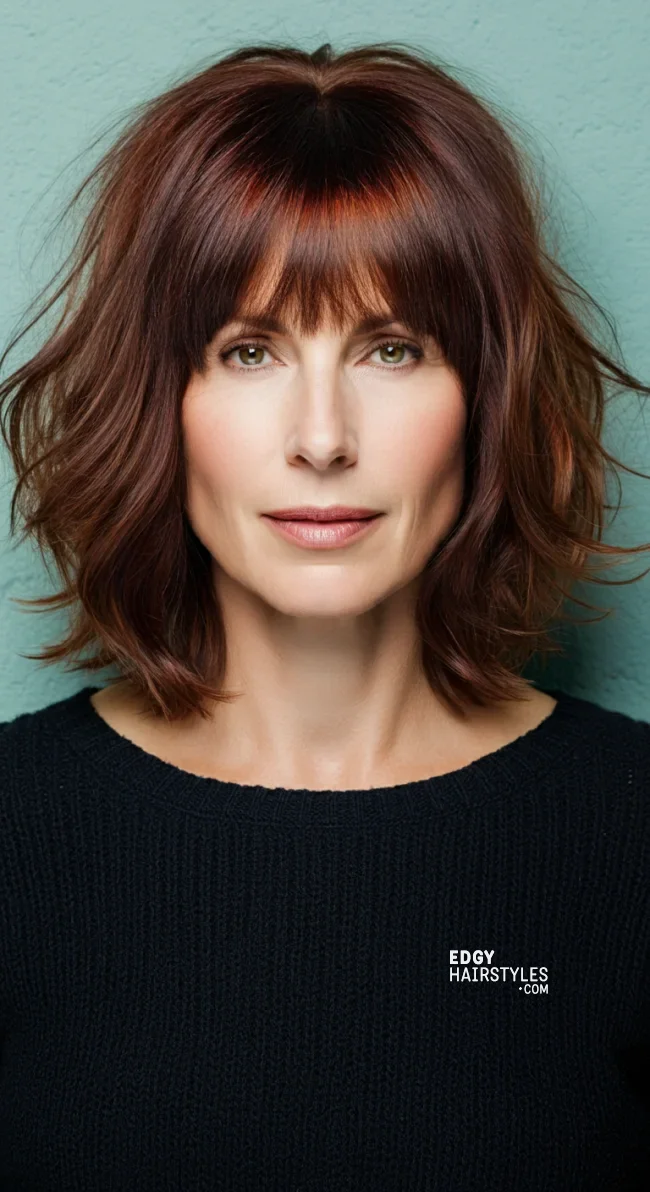 6. Wavy Lob with Feathered Bangs | 10 Stylish Hairstyles For Women Over 50 With Bangs