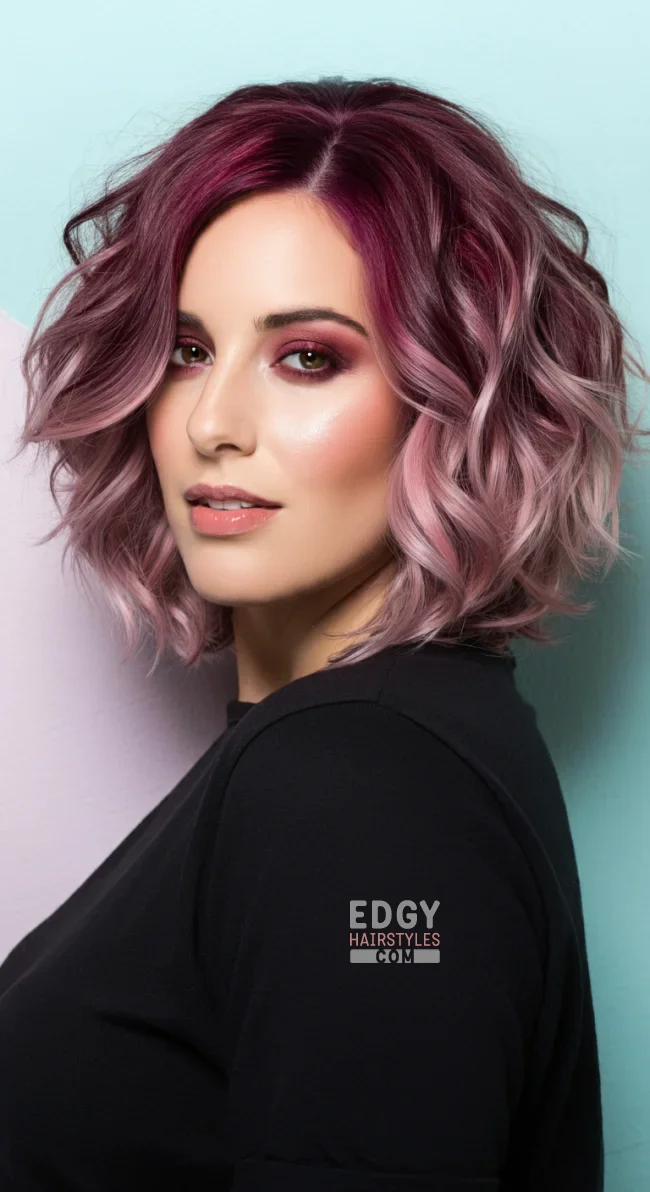 7. Wavy Shag with Pink and Burgundy Highlights | Short Haircuts: 2025’S Trendy Two-Tone Styles