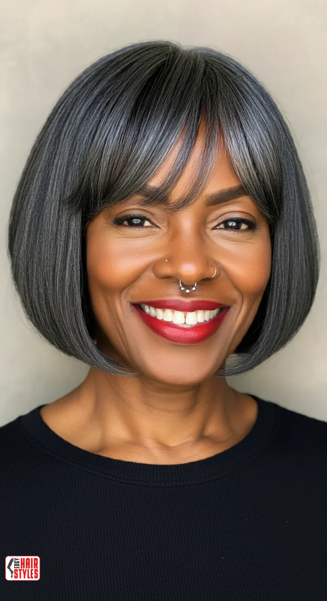 7. Blunt Cut with Grey Highlights | 10 Popular Hairstyles For Women Over 60
