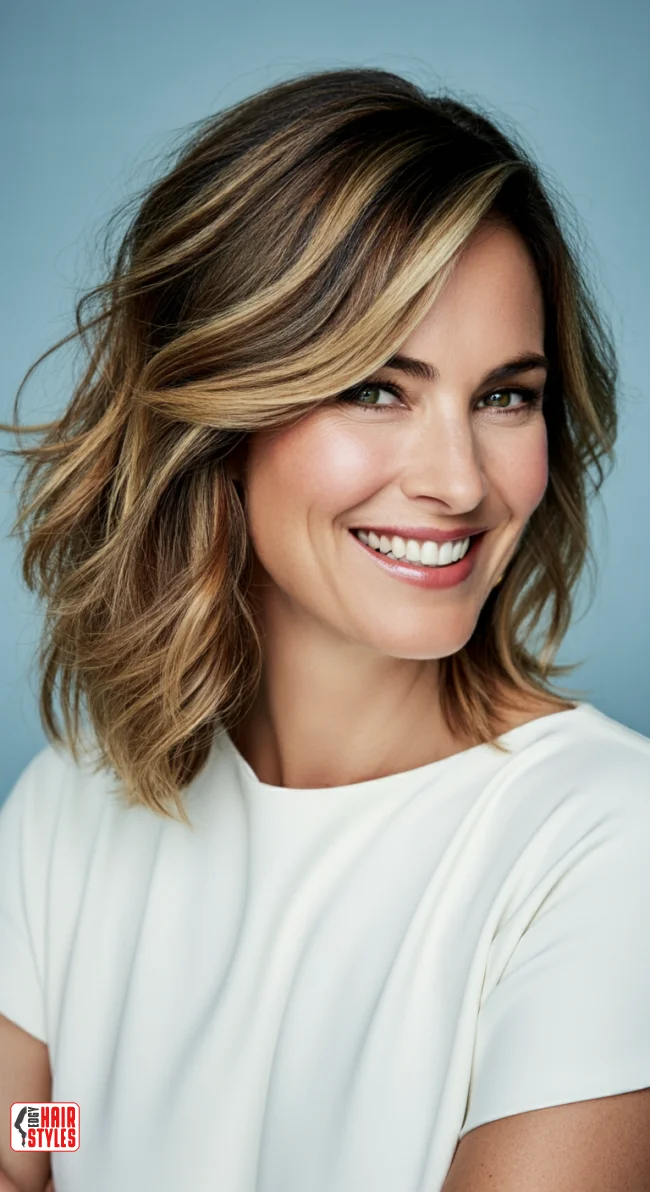 8. Wavy Lob With Side Bangs | 10 Low-Maintenance Medium-Length Hairstyles With Bangs
