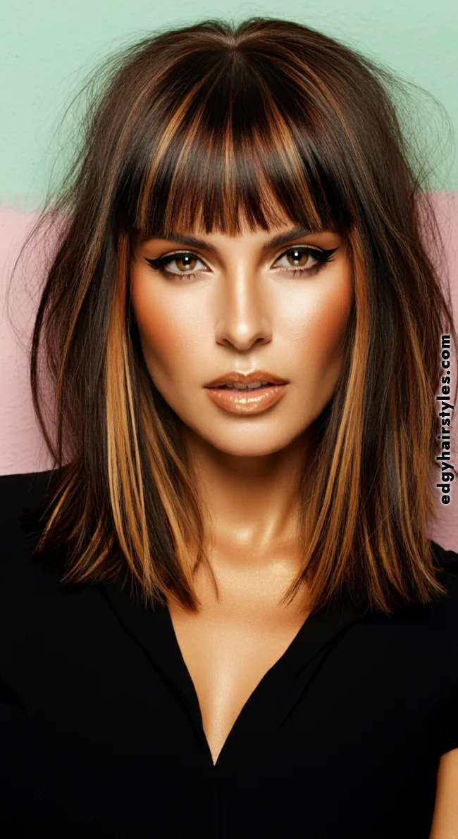 9. Blunt Bangs with Highlights | Chic Blunt Bangs: Stylish Trends And Timeless Elegance
