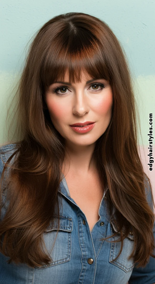 10. Feathered Bangs with Long Hair | Flattering Haircuts For Chubby Faces And Thick Hair
