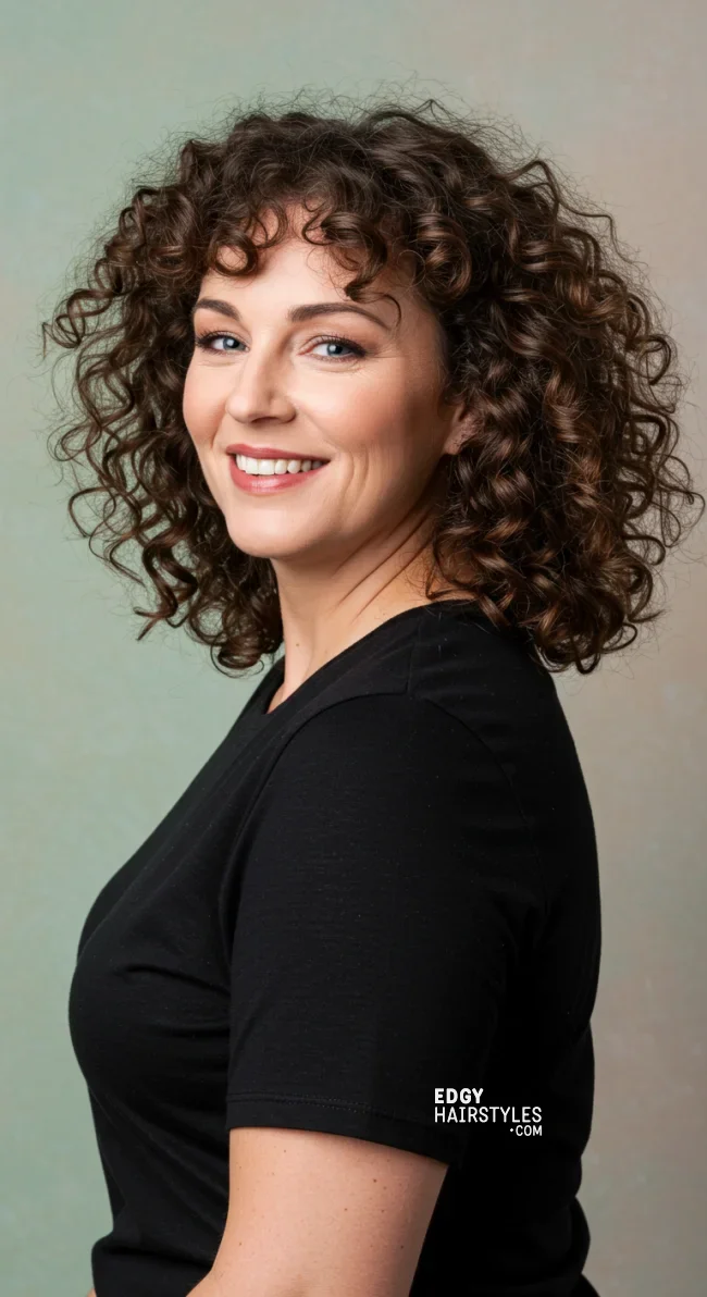 10. Curly Bangs with Shoulder-Length Hair | 10 Chic Hairstyles With Bangs For Women Over 50