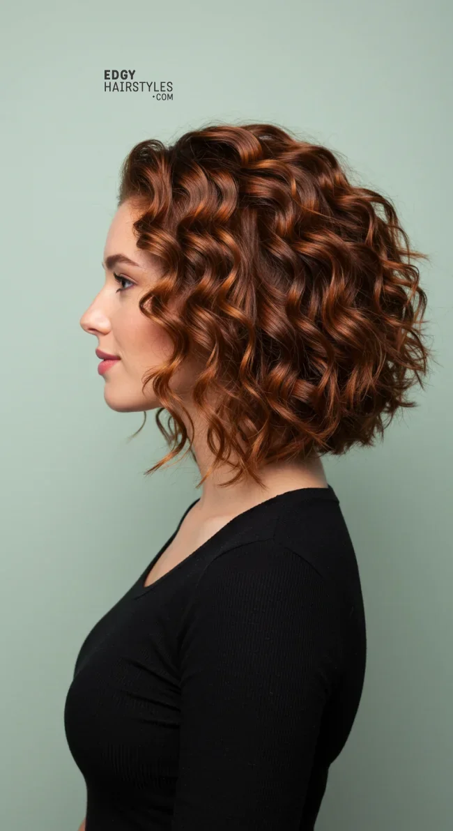 5. Curly Inverted Bob with Auburn Balayage | Messy Inverted Bob Ideas That Ooze Tremendous Rizz