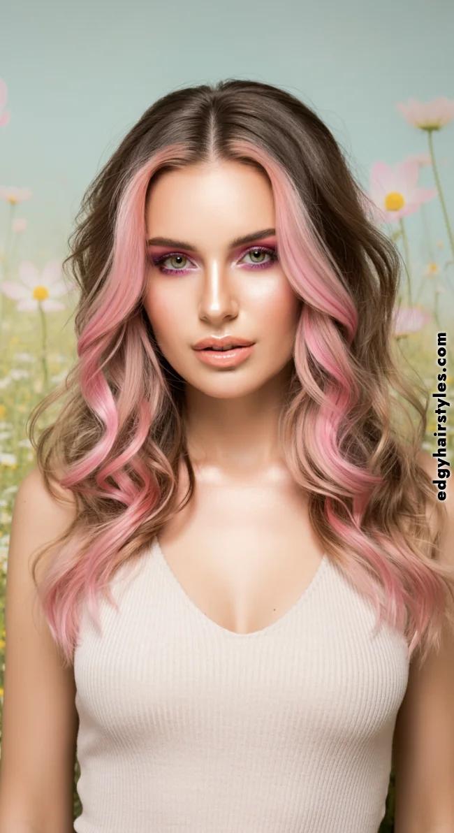 4. Pastel Pink Highlights on Long Waves | Chunky Highlights: Elevate Your Style With Trendy Colors