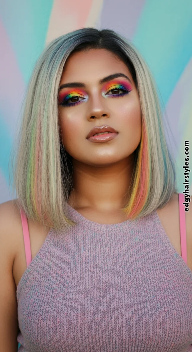 10. Rainbow Highlights on Straight, Waist-Length Hair | Chunky Highlights: Elevate Your Style With Trendy Colors