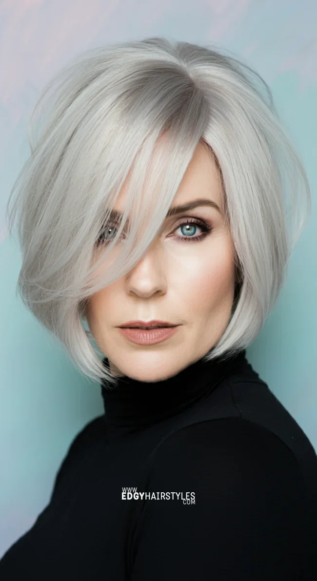 5. Chin-Length Bob with Side Bangs | 10 Best Haircuts For Women Over 60