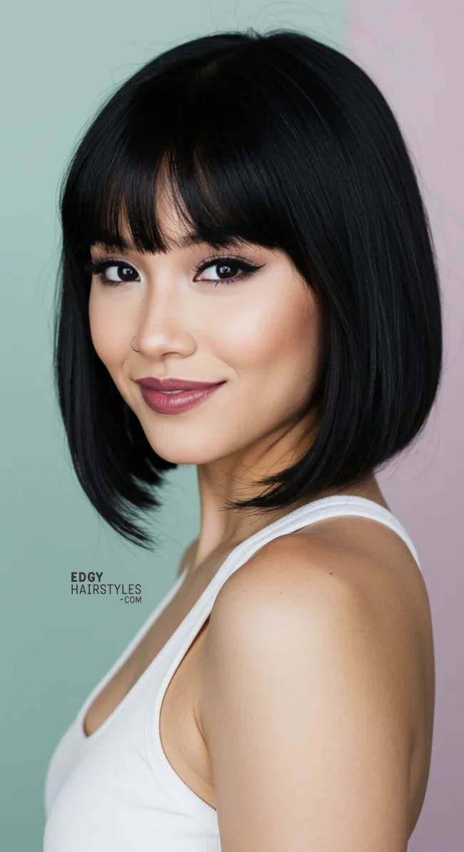 7. Sleek Lob with Arched Bangs | 10 Jaw-Dropping Ideas Of Haircuts For Oval Faces With Bangs
