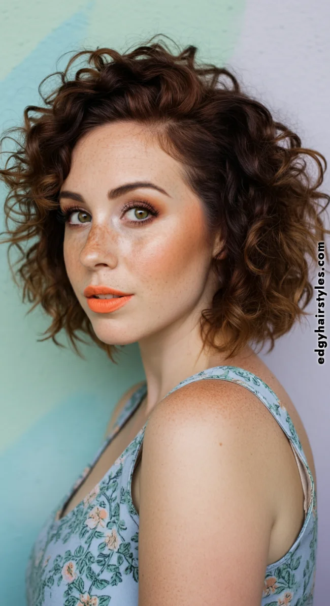 5. Curly Bob with Side Bangs | Best Medium-Length Haircuts For Chubby Faces: Style Guide