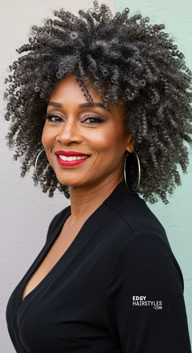 5. Voluminous Curly Afro | 10 Chic Grey Hairstyles For Women Over 60 That You’ll Love To Try