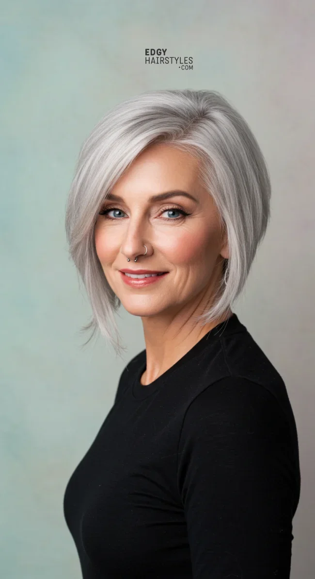 7. Asymmetrical Bob | 10 Chic Grey Hairstyles For Women Over 60 That You’ll Love To Try