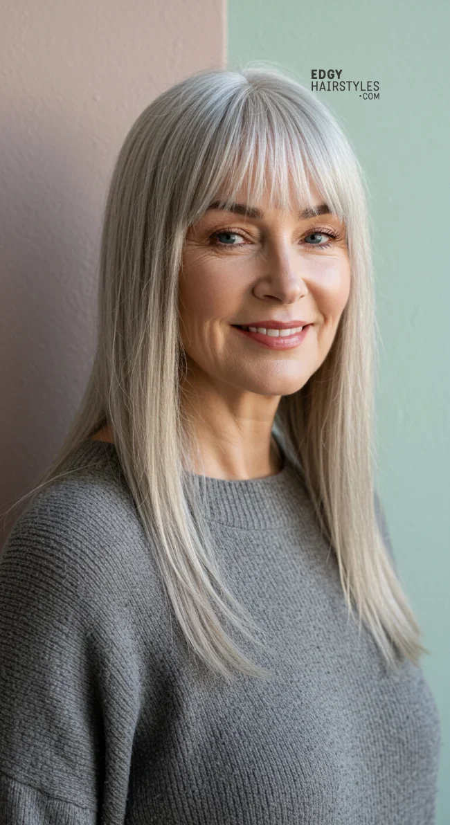 10. Long Straight Hair with Blunt Ends | 10 Chic Grey Hairstyles For Women Over 60 That You’ll Love To Try