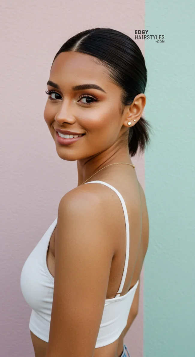 7. Sleek Middle-Part Ponytail | 10 Chic Short Hair Ponytail Ideas