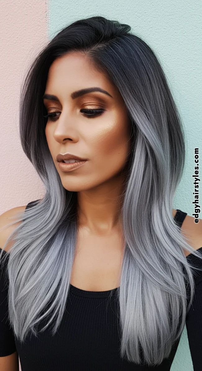 9. Gradient Gray on Long Layers | Balayage Transition To Grey Hair - Gray Hair Balayage