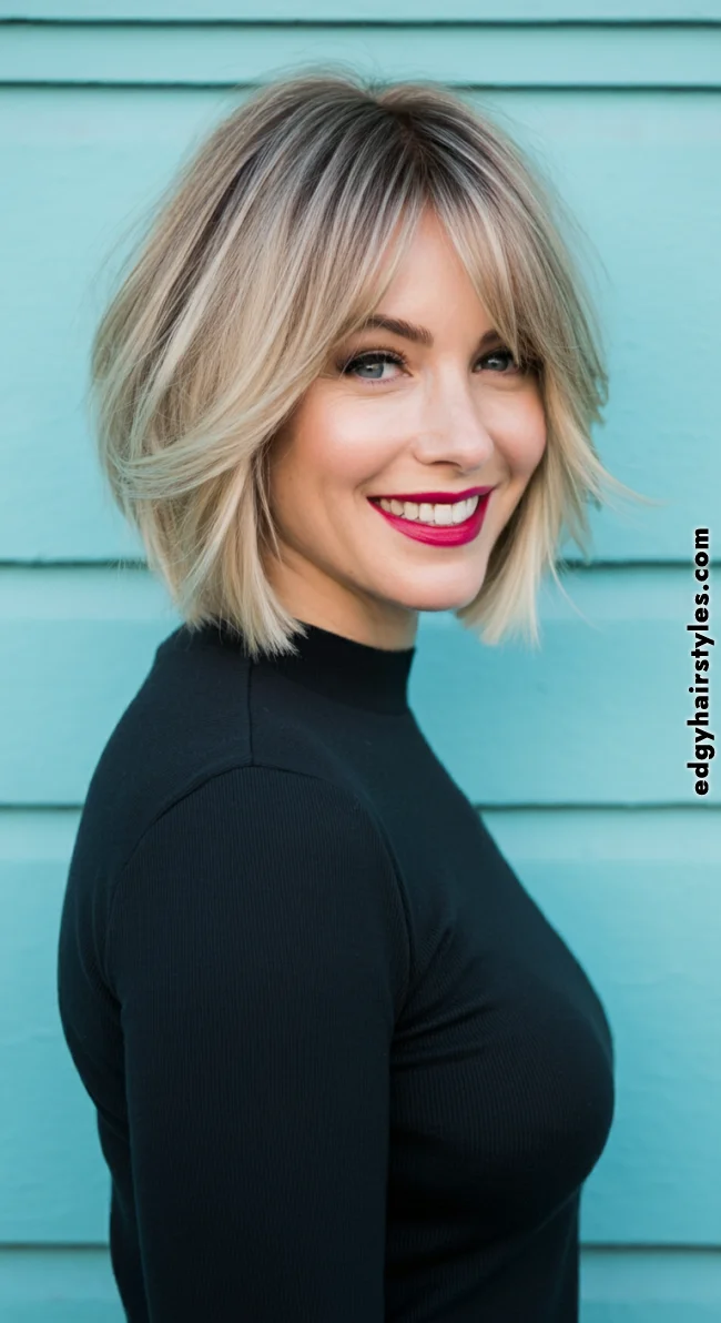 4. Blonde Fringe Bob with Layers | Over 50: Fringe Layered Bob For Fine Hair