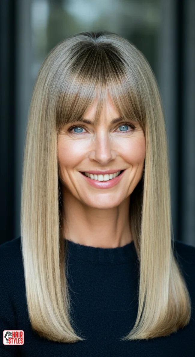 2. Classic Straight Hair with Curtain Bangs | 10 Long Hairstyles For Women Over 50